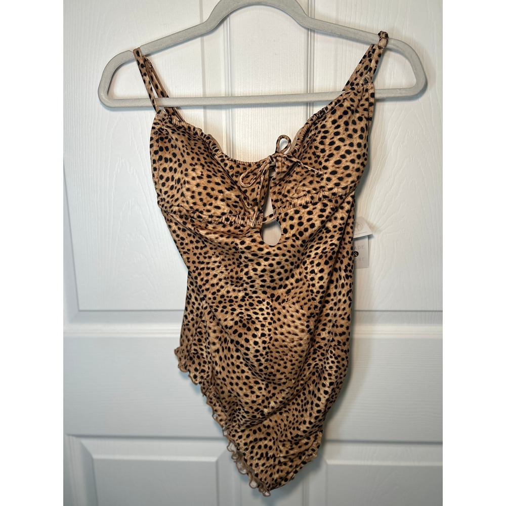 NWT Shade and Shore Leopard Print One Piece Swimsuit M Long Ruffle‎ Tie Cutout